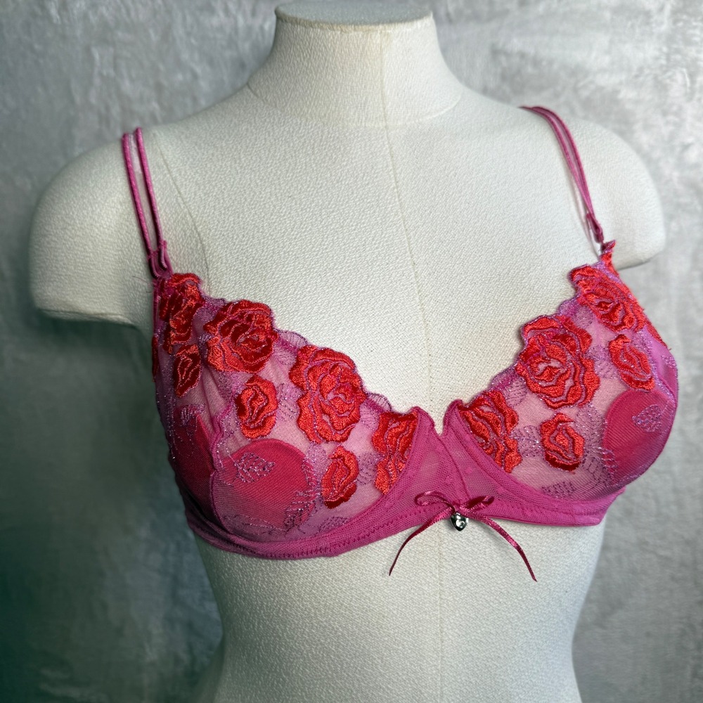 Etam Pink Floral Sheer Embroidered Lace Underwire Bra 34B coquette Rave Festiva